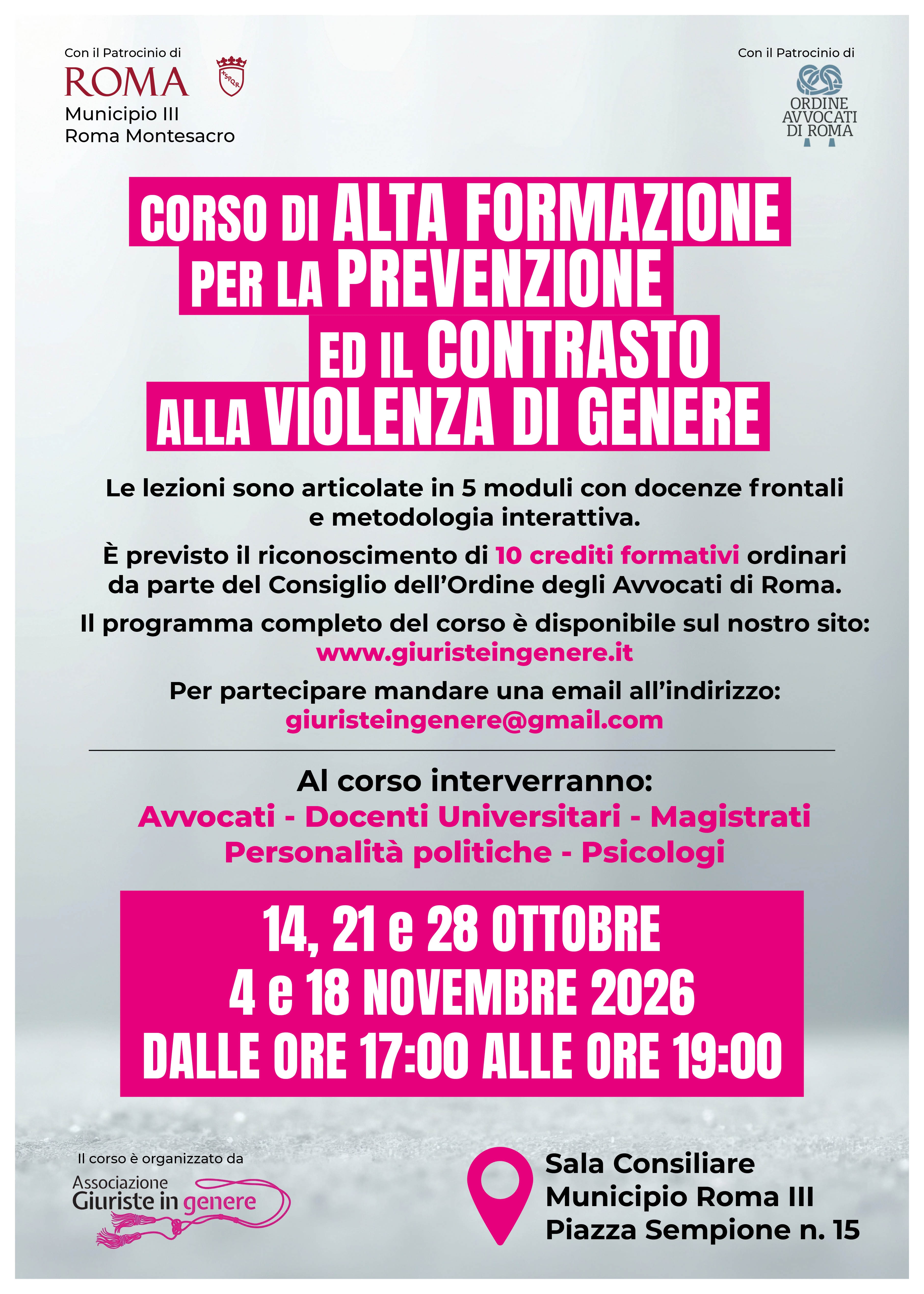Locandina Corso di Alta Formazione Per La Prevenzione Ed Il Contrasto Alla Violenza Di Genere